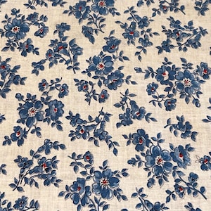 1940s Pretty Vintage Feedsack Fabric Blue Flowers with Red Centers on Soft White Background 37&quot; x 45 1/2&quot;