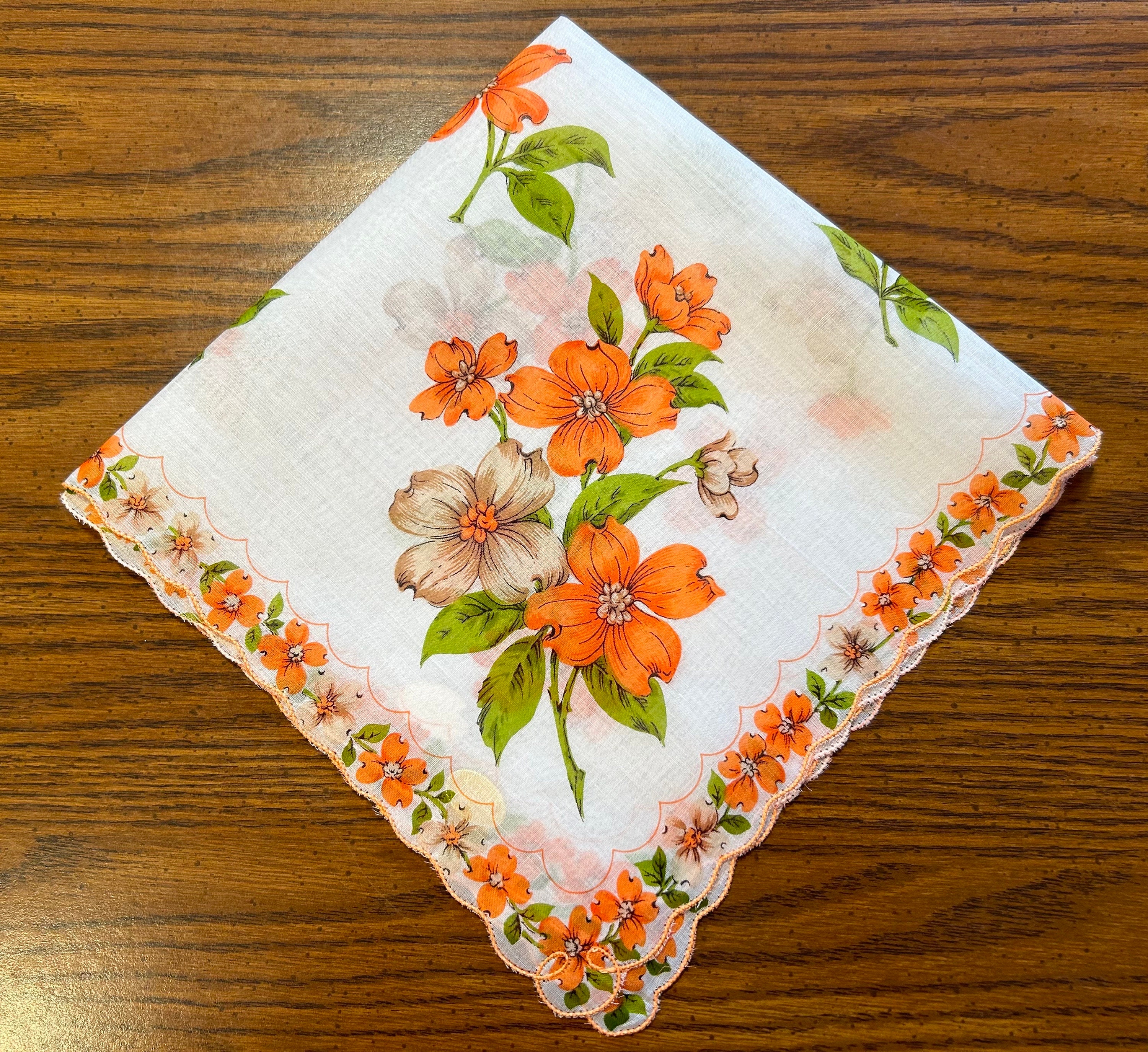 Beautiful Vintage Cotton Hanky Orange, Brown Flowers Scalloped