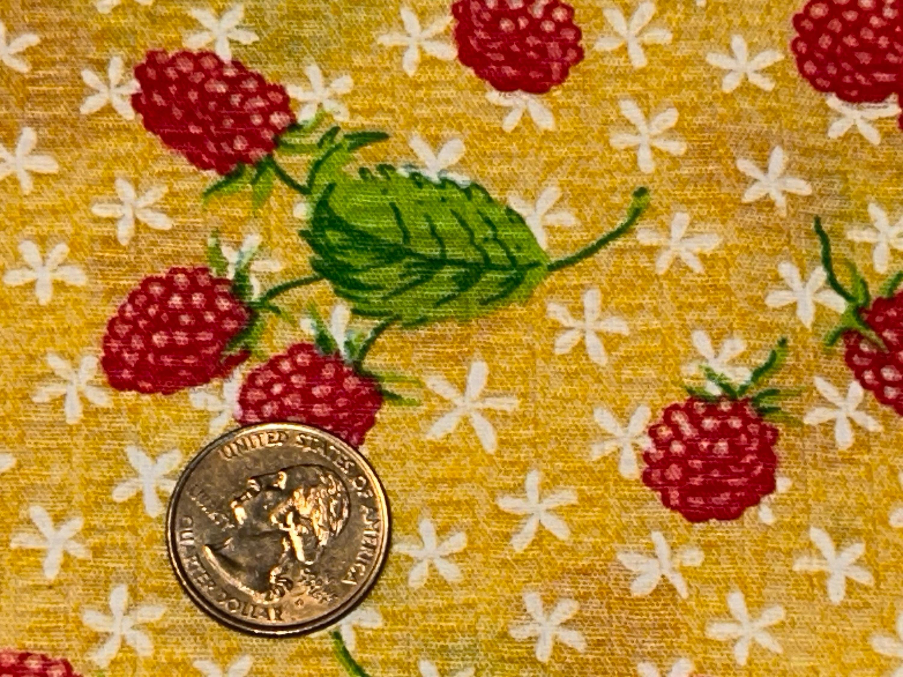 Vintage 1950s Seersucker Fabric Yellow Background, Red Rasberries, White Flowers 46" x 76" 2 Yards