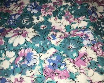 Vintage 1950s Cotton Fabric Yardage, Teal, Purple, White Flowers Floral, 35" x 122"