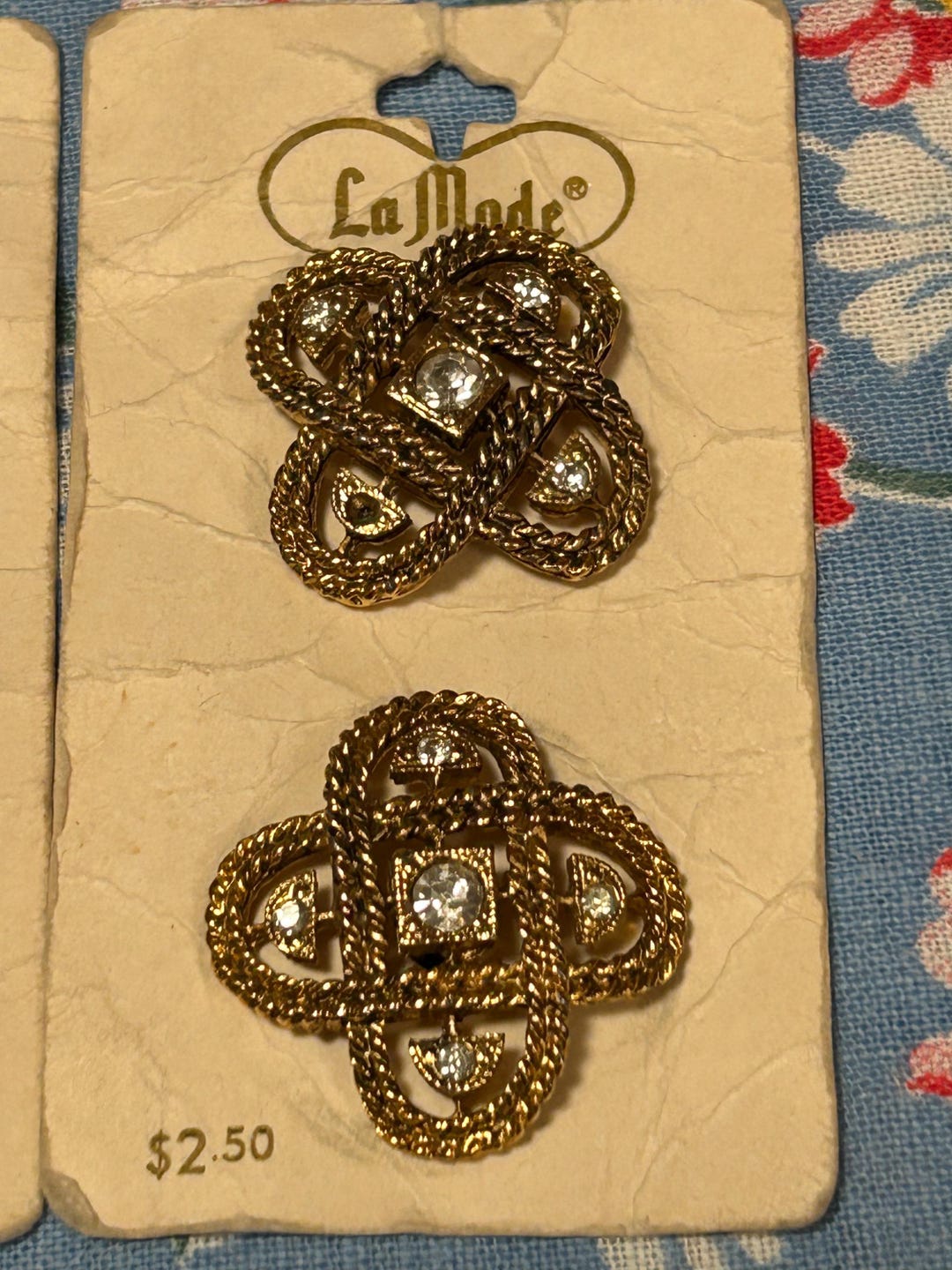 Vintage La Mode Gold Metal Rhinestone Buttons, 1 1/8