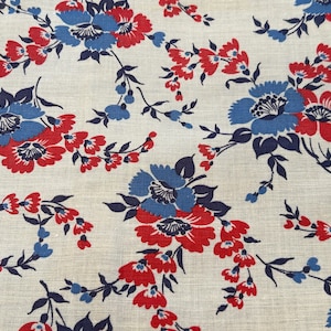 1940s Unique Vintage Feedsack Fabric Red, Blue, Navy Floral Design, 38&quot; x 22 1/2&quot; Half, 38&quot; x 45&quot; Whole