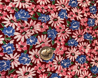 1940s Vintage Feedsack Floral Design Blue Roses, Pink, White Daisy Flowers Burgundy  Background 37 1/2" x 21” (2 Available)