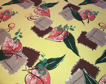 Excellent Vintage 1950s Barkcloth Fabric Panel Bright Yellow Background, Leaves, Squares, Swirls 46 1/2" wide x 96" Length