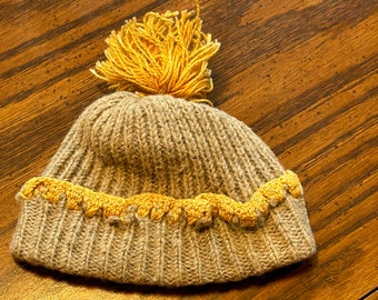 Cute Vintage Knitted Dol Hat Grey, Gold, Pom Pom 11" around head opening, 3 1/2" top to bottom