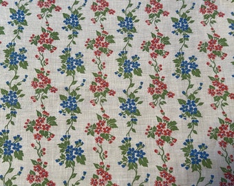 Vintage Feedsack Fabric Tiny Red, Blue Flowers and Green Leaves in Vertical Stripe on Soft White  Background 37 1/4" x 19 1/4” (2 Available)