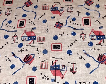 Maisons d'école en tissu nouveauté vintage des années 1940, chiffres, ardoises, bleu pommes, rose noir 36 3/4" x 22" (2 disponibles)