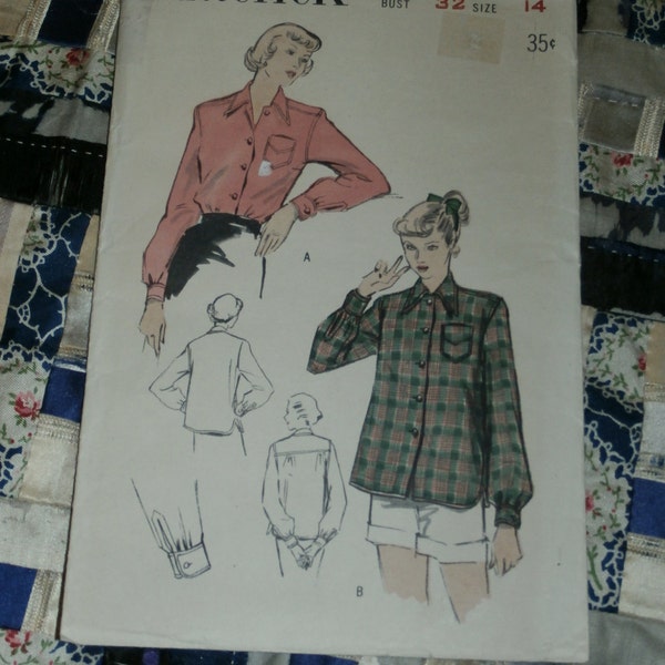 Vintage 1950s Butterick Pattern 5022 for Misses Shirtwaist Blouse, Size 14, Bust 32", Factory Folds