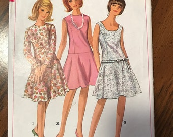 1960s Vintage Simplicity Pattern 6539 for Misses One Piece Dress Size 12, Bust 32" Waist 25" Hip 34"