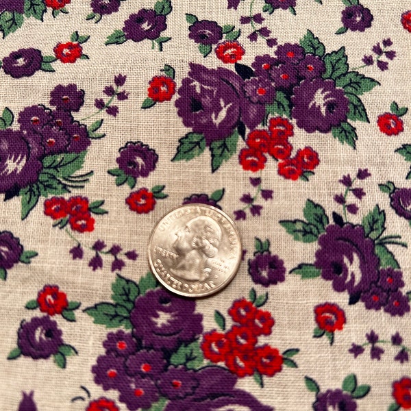1940s Vintage Feedsack Fabric Purple, Red, Green Flowers Floral Design on Soft White Background 33 1/4" x 21” (2 Available)