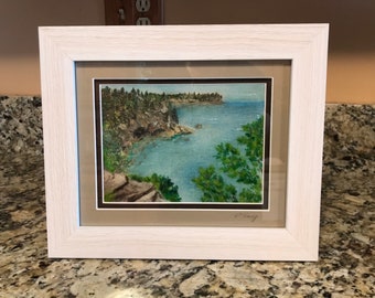 Original Needle Felted, Painted Lake Superior Cliffs North Shore Landscape Framed Art 12 1/2 x 10 1/2