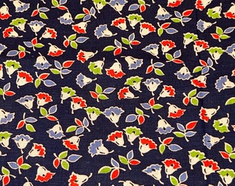 1940s Pretty Vintage Feedsack Blue, Red, Green Floral Fabric Dark Navy Background 37&quot; x 22&quot; Half
