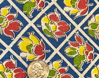 May include: Close-up of a blue fabric with a white grid pattern. The grid contains floral designs in red, yellow, and green. A U.S. quarter coin is in the center of the image, providing a size reference.