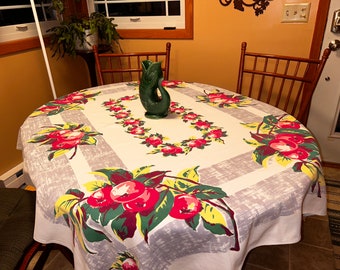 Excellent Vintage 1940s Fruit Apples Leaves Tablecloth Dramatic Pink and Red Apples Gray Border  50 1/4" x 63"