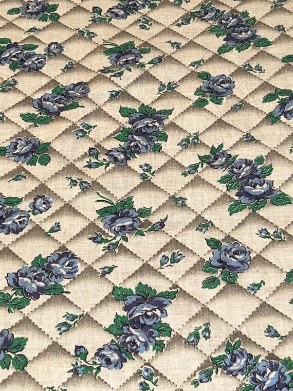1940s Vintage Feedsack Stoff Blaue Rosen, grüne Blätter, Weichweiß