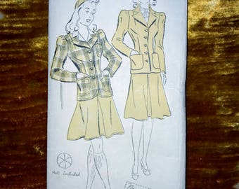 1940s Vintage New York  Pattern 1511 for Misses Skirt and Jacket Size 10, Bust 28", Hip 34", Factory Folds