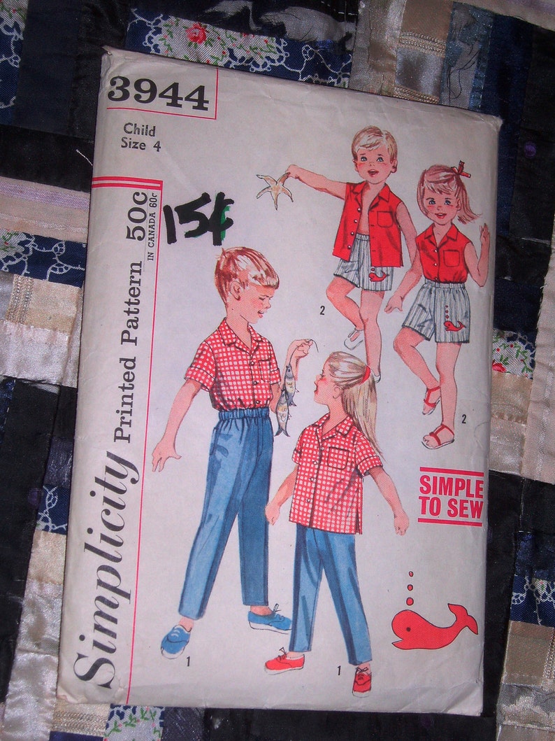 Vintage 1950s Simplicity Pattern 3944 for Child's Shirt, Boxer Shorts, and Pants with Transfer Uncut Size 4 image 1