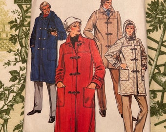 1980s Vintage Butterick Pattern 3998, Misses and Mens Coat Size A Small 8 to 10 Factory Folds, Uncut