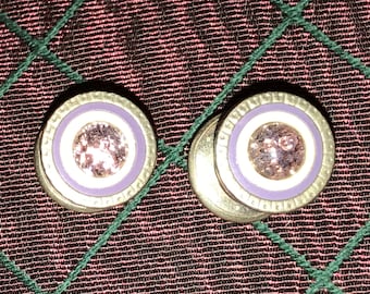 Pair Vintage Silver Snap Link Cuff Links Purple Enamel Pink Raised Center