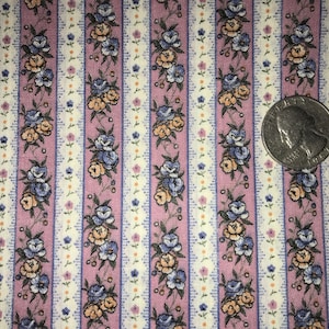 Vintage 1960s Fabric Yardage Mauve and Cream Stripes Little Pink, Blue Flowers 45&quot; x 45&quot; (2 Yards Available)