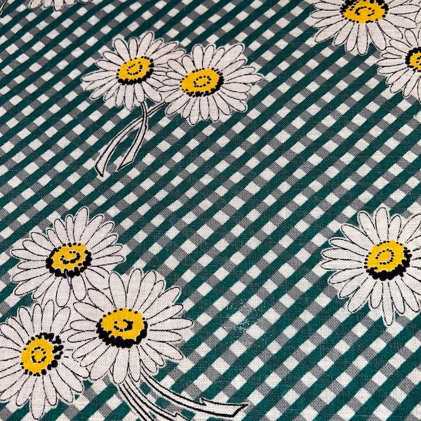 1940s Vintage Feedsack Fabric White Daisies Green and Gray Diagonal Check Background 37 1/2" x 21 1/2 (2 Available)