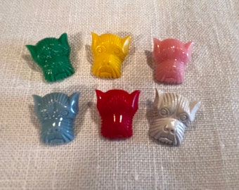 Great Vintage Set of 6 Scottie Dog Face Goofie, Realistic Buttons 5/8" Self Shank