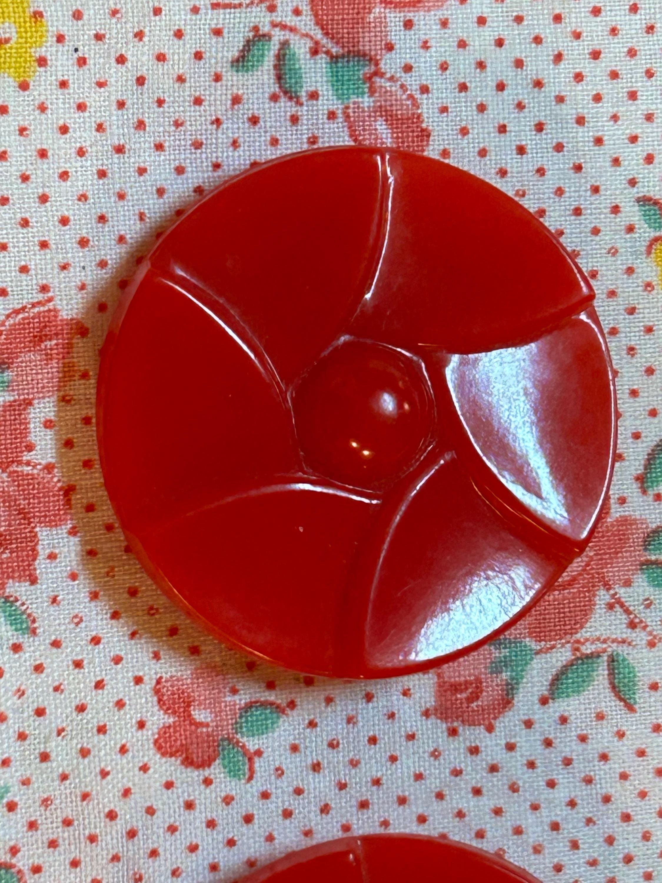 Pair Vintage Red Pinwheel Floral Design Round Buttons 1 1/4