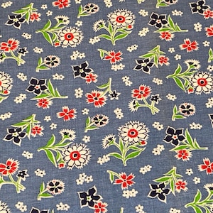 1940s Neat Vintage Feedsack Fabric Red, Navy, White Flowers, Green Leaves on Medium Blue Background  35 3/4&quot; x 23&quot; Half