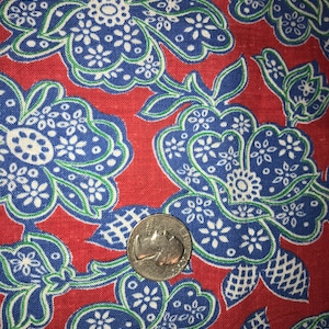 Excellent Vintage Feedsack Fabric Blue, White Green Large Flowers Red Background 36&quot; x 23 3/8&quot; (2 Available)