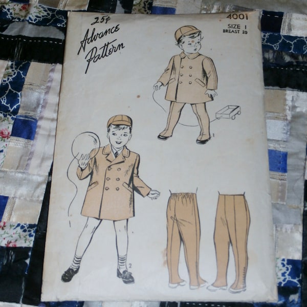 Vintage 1940s Advance Pattern 4001 for Boy's Coat, Hat and Leggings Size 1, Breast 20", Waist 19 1/2"