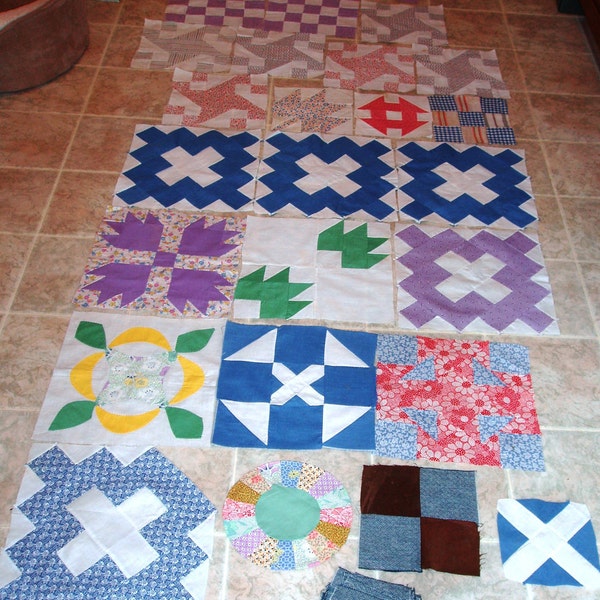 22 Vintage Quilt Block Various Patterns and Sizes Plus Indigo Fabric Squares