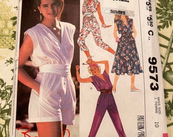 1980s Easy McCalls Pattern 9573 Misses Jumpsuit or Dress, Tie Belt Size 10 Bust 32 1/2", waist 25" Hip 34 1/2"  Factory Folds