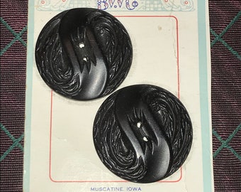 Great Set of 2 Large Black Vintage 1940s Coat Buttons BWC Original Card  1 3/8"