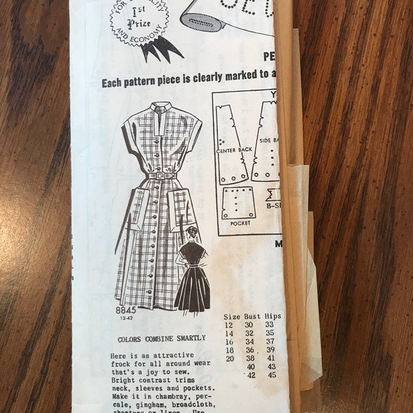 Vintage 1940s Sew Rite Mail Order Pattern 8845 for Misses Dress, Frock, Size 14, Breast 32"