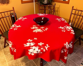 Excellent Vintage 1950s Wilendur Dogwood White, Grey Red Background Tablecloth 53 1/2" x 63"