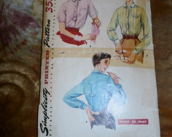 Vintage 1954 Simplicity Pattern 4813 for Misses Shirt Size 12, Bust 30, Waist 24", Hip 33"