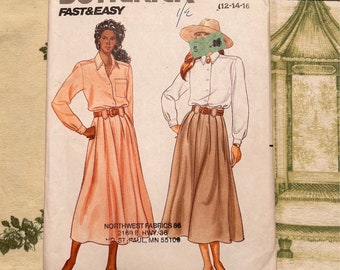 1990 Butterick Pattern 4568 for Shirt, Skirt Size  12, 14, 16 Factory Folds Uncut