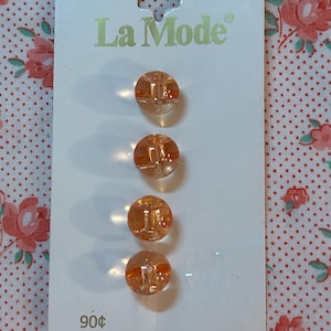 Conjunto de 4 botões de plástico vintage Peach Ball La Mode, cartão original Itália, 3/8" de diâmetro
