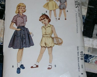 1950s Vintage McCalls Pattern 9318 Girl's Shirt, Shorts, Skirt Size 8, Breast 26" Waist 23 1/2"