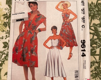 1980s McCalls Pattern 9614 Misses Dress and Cover-Up, Size 12, Bust 34", Waist 26 1/2" Hip 36" Factory Folds