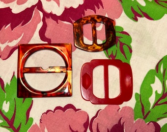 3 Vintage Plastic Buckles Faux Tortoise Shell, Red Square, Oval 1 7/8" to 2 3/8"