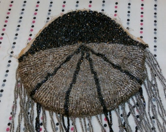 Antique Beaded Purse, 4" Fringe, Missing Frame, Black and Silver Beads 5 1/2" x 5"