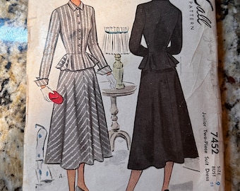 1940s McCall Pattern 7452 Junior Two Piece Suit Dress Size 9 Bust 28”, Waist 23 1/2”, Hip 31”