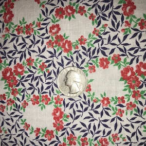 Excellent Vintage Full Feedsack Fabric Geometric Floral Pattern Small Red Flowers, Blue Leaves White Background 36 1/4&quot; x 42 3/4&quot;