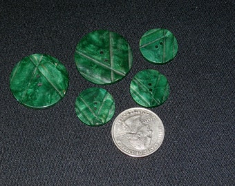 Beautiful Set of 5 Vintage French Green Marbleized Plastic Deco Style Buttons, 2 Sizes, 3/4" and 1 1/8"