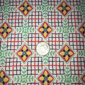 Excellent Vintage Feedsack Geometric Floral Design Red, Navy, Yellow, Green 29&quot; x 43&quot;