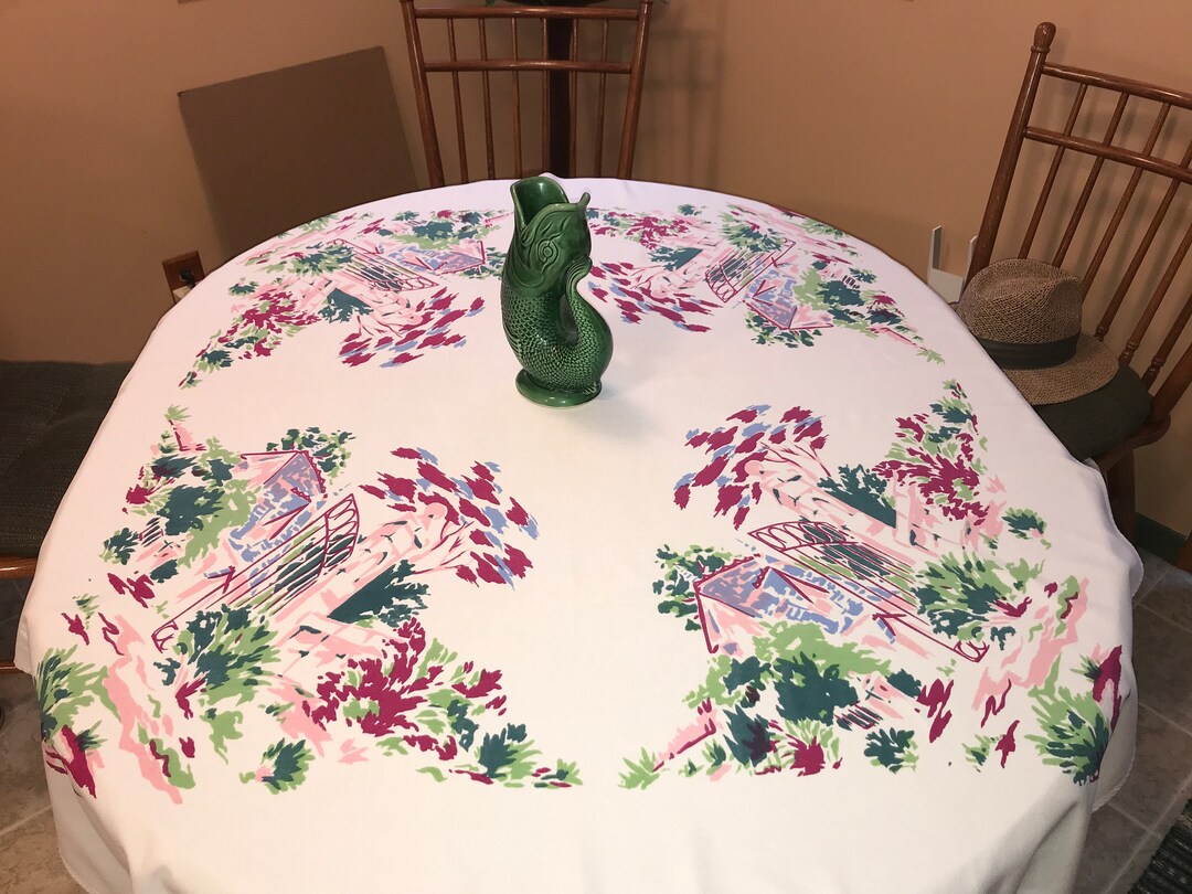 Excellent Vintage 1950s Novelty Tablecloth Stylized Garden, Fence