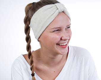 Narrow Beauty Routine Turban Head Wrap in Taupe Terry Cloth