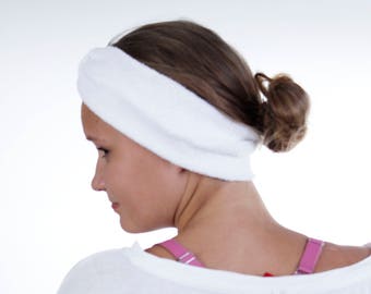 Narrow Beauty Routine Turban Head Wrap in White Terry Cloth