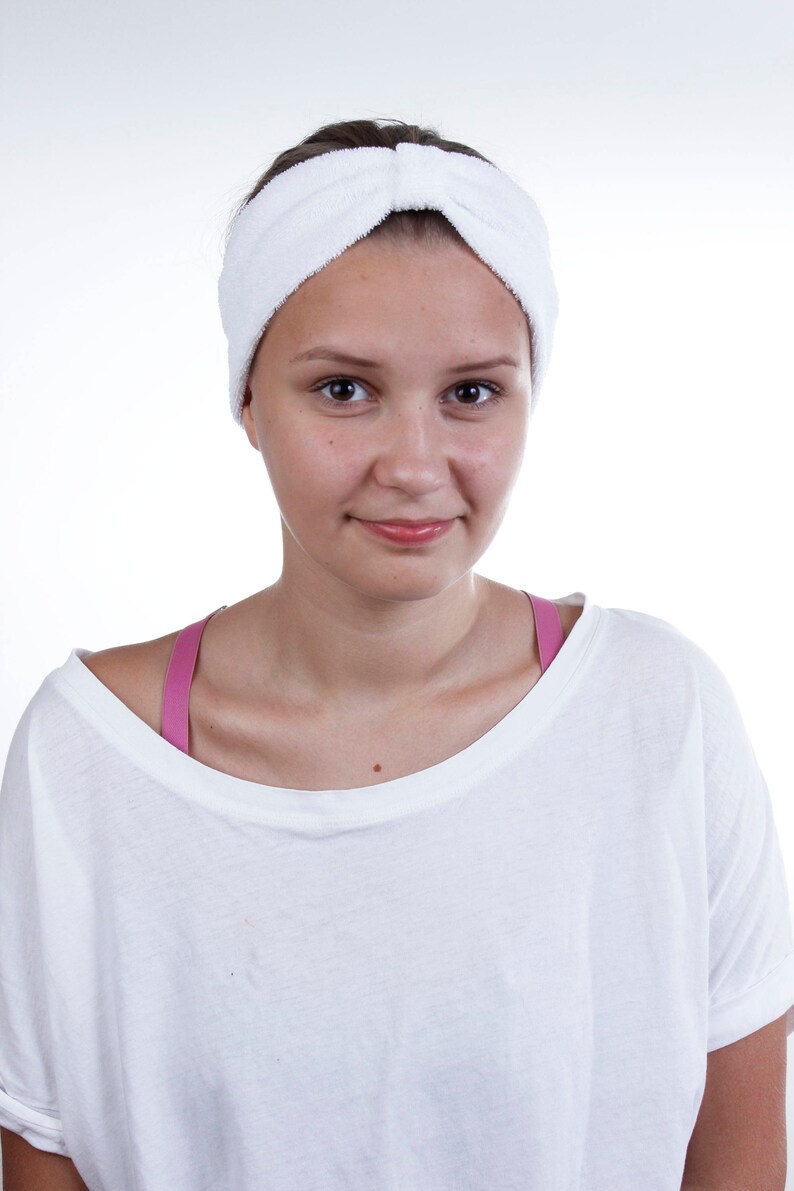 Narrow Beauty Routine Turban Head Wrap in White Terry Cloth image 2